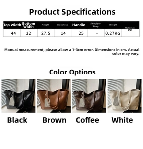 Detailed dimension chart and color options for large capacity PU leather tote bag