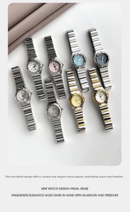Detalle de relojes de cuarzo con esferas de colores y elegantes correas metálicas