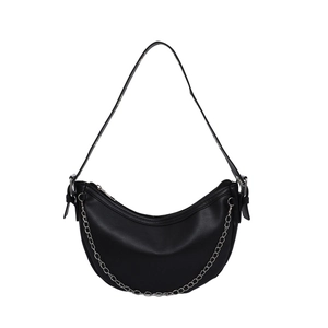 Minimalist black leather hobo bag with silver chain strap and adjustable shoulder strap