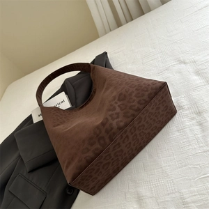 Chic brown leopard print faux suede hobo bag for women, large capacity shoulder tote bag