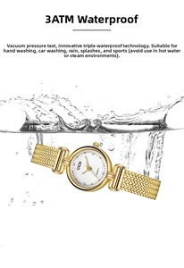 Water-resistant gold mesh strap quartz watch showing 3ATM splash protection in water