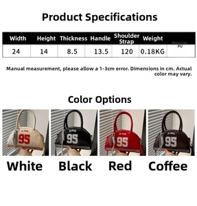 Size chart and dimensions for the large capacity PU shoulder bag with digital print
