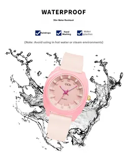 Pink silicone strap watch with square case showing 30m waterproof splash protection