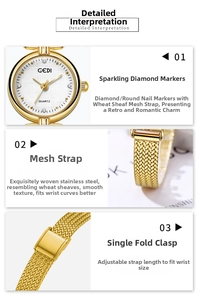 Detail view of gold mesh strap texture and folding clasp of the quartz watch