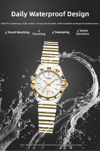 Primer plano de reloj impermeable para mujer con esfera de nácar y salpicaduras
