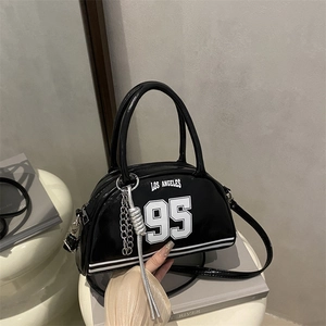 Women American Retro Bowler Bag PU Leather Los Angeles 95 Print Shoulder Crossbody Handbag With Chain Knot