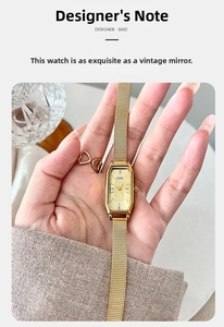 Detail van GEDI vintage gouden rechthoekig kwartshorloge met metalen mesh-bandje