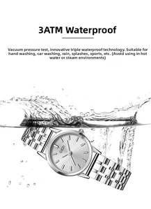 Detailed view of GEDI silver women's quartz watch showing 3ATM waterproof feature.