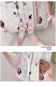 Detail view of pink student backpack with padded shoulder straps and anti-theft back pocket