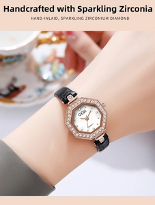 Detail der eleganten achteckigen Uhr mit Zirkoniasteinen am Handgelenk des Models