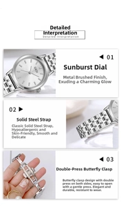 Detailed close-up view of GEDI silver steel watch dial, band and butterfly clasp
