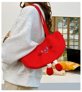 Red half-moon canvas shoulder bag featuring a cute cartoon face and plush legs detail
