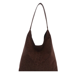 Brown leopard print large tote bag with suede texture and slim shoulder straps for women