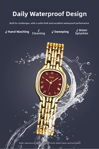 Detail showing gold mesh strap and red dial watch with splashes showing water resistance