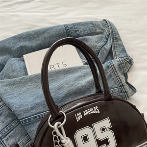 Vintage brown Boston bag with Los Angeles 95 print and silver chain pendant detail