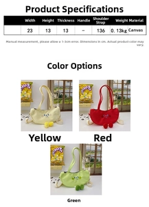 Canvas crescent shoulder bag dimensions guide with cute embroidery and pom-pom details