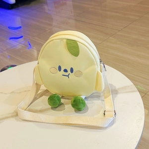 Cute Cartoon Round Canvas Crossbody Bag Embroidery Expression 3D Legs Leaf Decor Adjustable Strap Japanese Chic Casual Shoulder Bag