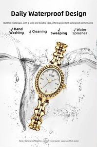 Detail of elegant gold mesh watch with water splash effect showing daily waterproof function