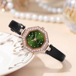 GEDI Luxus Damen Quarzuhr mit achteckigem Diamantgehäuse, grünem Zifferblatt und Lederband