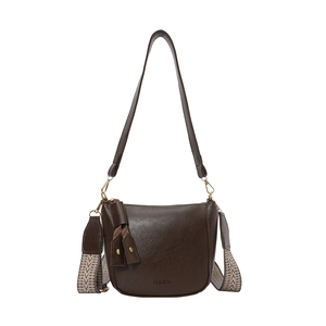 Vintage braune strukturierte Bucket Bag mit breitem Gurt und Fransenverzierung