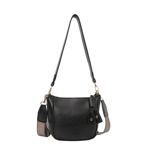Black pebbled leather bucket bag with wide patterned strap and gold fashion hardware