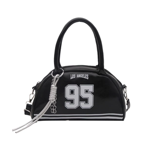 Minimalist black half-moon shoulder bag with Los Angeles print and top handles