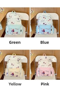Four different colored cartoon schoolbags showing mint green, blue, yellow, and pink options