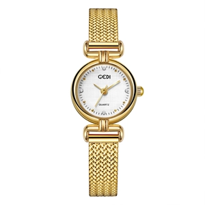 Elegant gold mesh band quartz watch for women with rhinestone markers and white dial