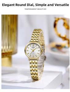 Detailed view of a GEDI gold stainless steel women's minimalist quartz watch.