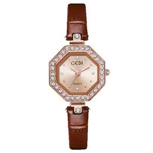 Oktogonale roségoldene Uhr mit Strass-Lünette und braunem Lederarmband für Damen