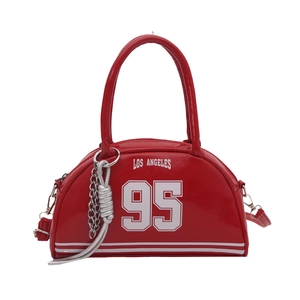 Red patent leather semi-circle shoulder bag with white Los Angeles 95 collegiate print