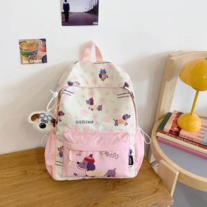 Nylon School Backpack Large Capacity Lightweight Cartoon Dog Print Casual Travel Daypack For Teen Girls Students With Plush Charm