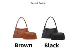 Close-up of woven texture on brown and black tote bags with matching clutch set