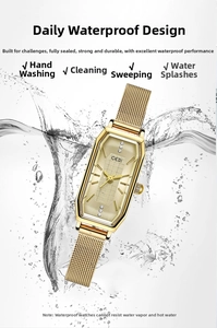 Detail van achthoekig gouden horloge met waterspatten voor dagelijkse waterbestendigheid