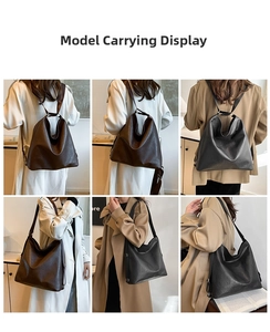 Vues détaillées du grand sac cabas en cuir gras en couleurs marron foncé et noir