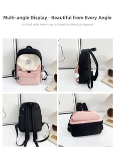 Detailed four-way view of pink and beige waterproof school backpack with plush pendant