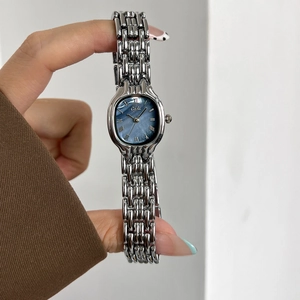 Elegant silver square quartz watch for women with a blue mother of pearl dial finish