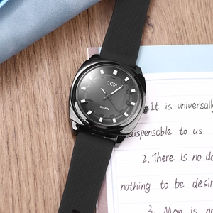 GEDI minimalist black quartz watch with silicone strap and grey square index dial