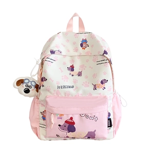 Cute pink and white cartoon dog backpack with large capacity for students and teenagers