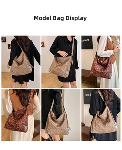 Detail view of large leopard print tote bags in light brown and reddish brown with wide straps