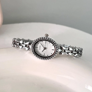 Elegant silver GEDI quartz watch for women with oval dial and geometric chain bracelet