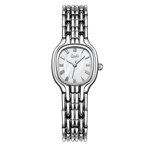 Elegant silver quartz watch for women with oval dial and metallic chain strap