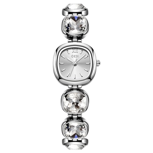Elegant silver quartz watch for women with luxury crystal inlay links on the band