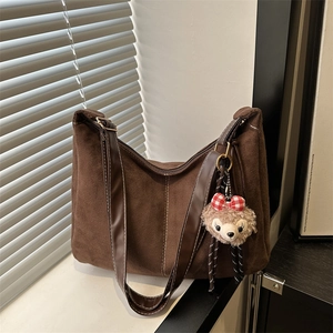 Large Capacity Tote Bag Women PU Suede Texture Shoulder Bag Contrast Stitching Adjustable Strap Vintage Commuter Handbag