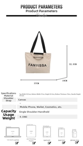 Detail view of large canvas tote bag showing dimensions and 14-inch laptop compatibility