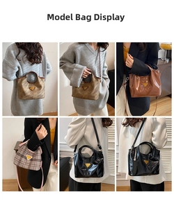 Collage di grandi borse shopper con varie texture e logo triangolare metallico frontale