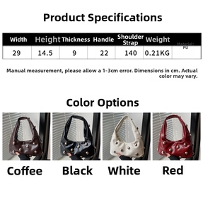 Detailed size chart for rivet shoulder bag with 29x14.5x9 cm dimensions and material info