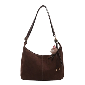Retro coffee suede hobo tote bag with adjustable shoulder strap and plush charm