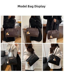 Detailed views of vintage faux leather tote bag with cute bear pendant and shoulder straps