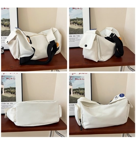 Detailed views of a white nylon messenger bag showing front, side, and bottom strap details